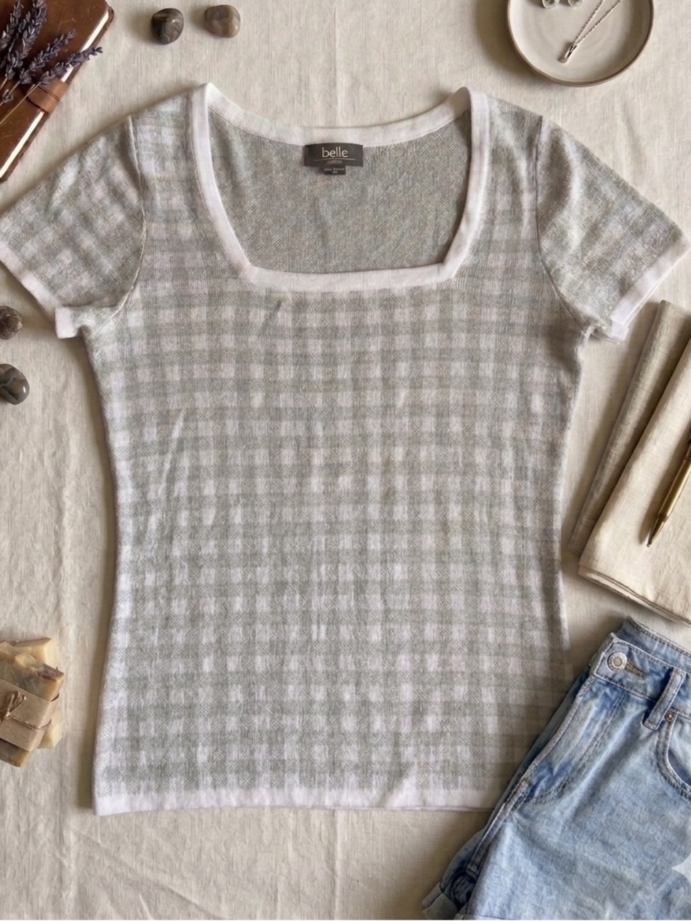 Belle by Belldini Cotton Blend Gingham Square Neck Knit Top M Minimalist Office